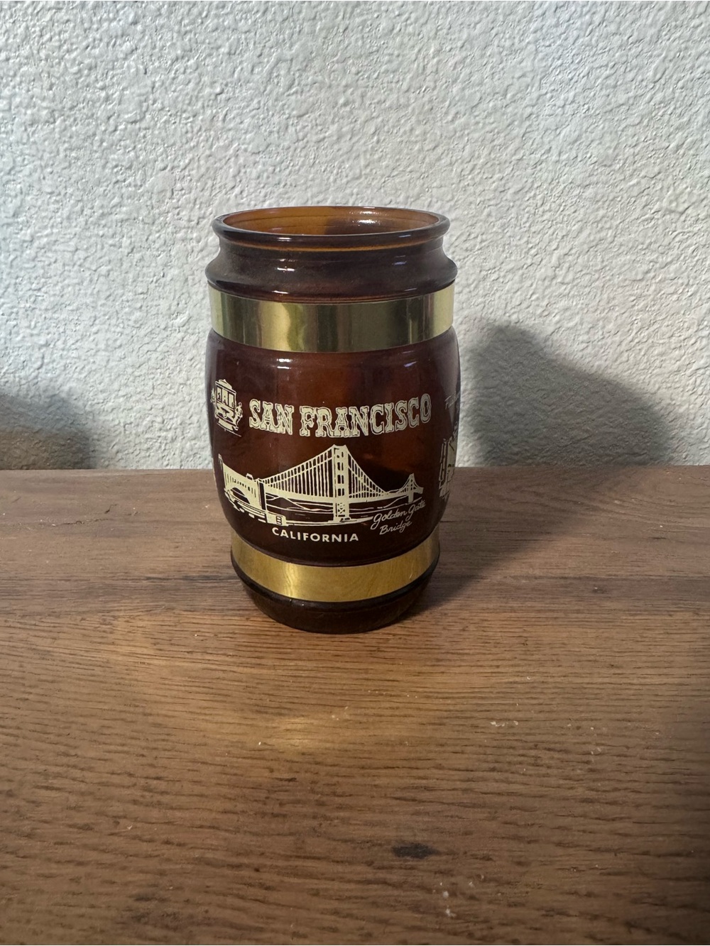 Amber Glass Mug featuring San Francisco Barrel Tumbler with Gold Accents